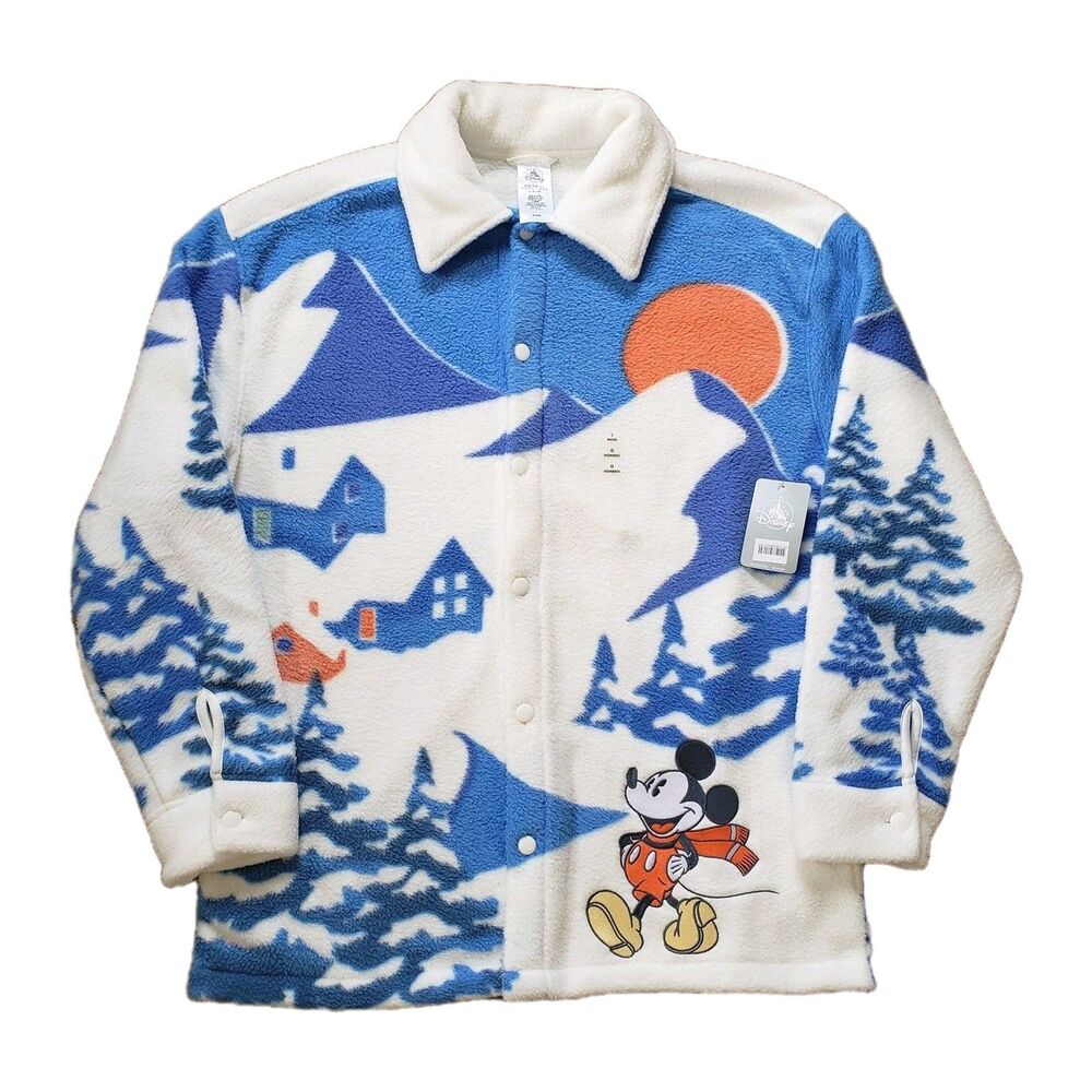D25 Disney Winter Scene Polar Fleece Sz Large Mens Shacket NWT All Over Print